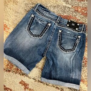 Miss Me Blue Denim Shorts with Black Leather Patch